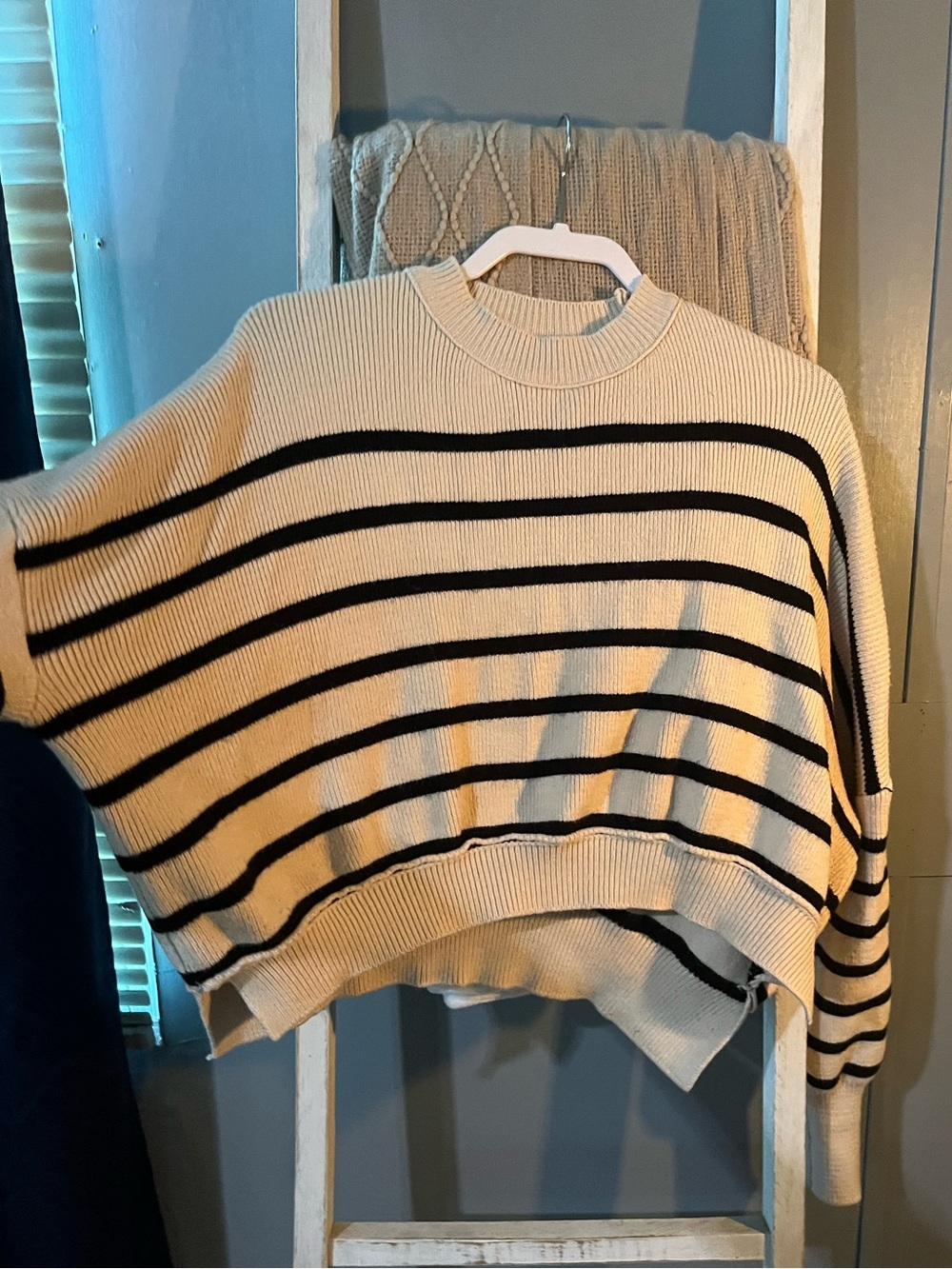 Striped Cream Crewneck Sweater with Black Bands